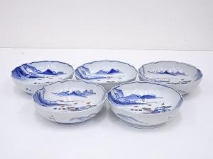 明治期　伊万里焼　染錦山水図膾皿5客